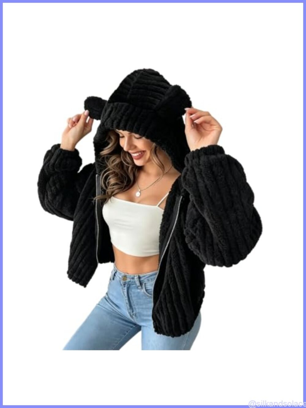 Women's Fuzzy Fleece Zip Up Hoodie Sherpa Bear Ear Jacket